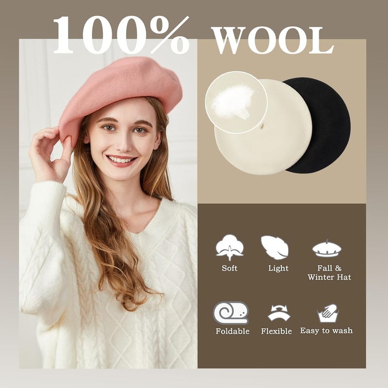 recapitula XXL 100% Wool French White Beret Hats for Women Man Painter hat Classic Painter's Hat Girl Solid Color Classic - Image 2
